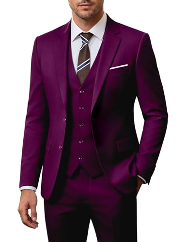 Image of Men's 3 Piece Slim Fit Suit Set, Two Button Blazer Solid Jacket Vest Pants Wedding Business Suit
