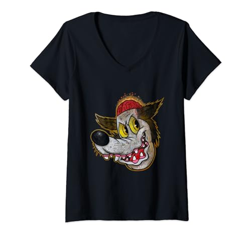 GROSSER BÖSER WOLF Horror, Vintage-Zeichentrickfilm, Pop-Surrealismus T-Shirt mit V-Ausschnitt GROSSER BÖSER WOLF Horror, Vintage-Zeichentrickfilm, Pop-Surrealismus T-Shirt mit V-Ausschnitt
