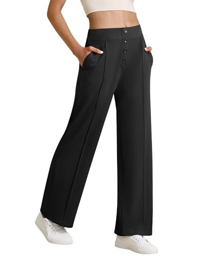 Womens Wide Leg Business Casual Pants High Waisted Button Pull On Dress Work Pants with Pockets2
