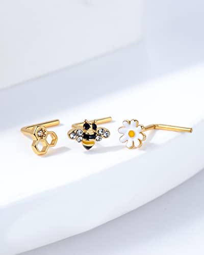 Jewseen 3-Piece Nose Rings - 20G Gold Nose Studs, Surgical Steel Nostril Piercings - L-Shaped for Women & Men3