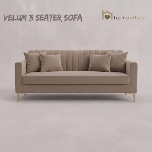Image of Velum 3 Seater Sofa for Living Room & Office | Premium Fabric Upholstery | Solid Wood Frame | Comfortable Seating | 3 Years Warranty (Beige, 3 Seater Sofa)