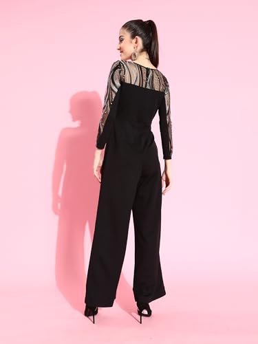 Image of Miss Chase Women's Halter Neck Sleeveless Solid Wide Leg Sequin Paneled Regular Length Jumpsuit
