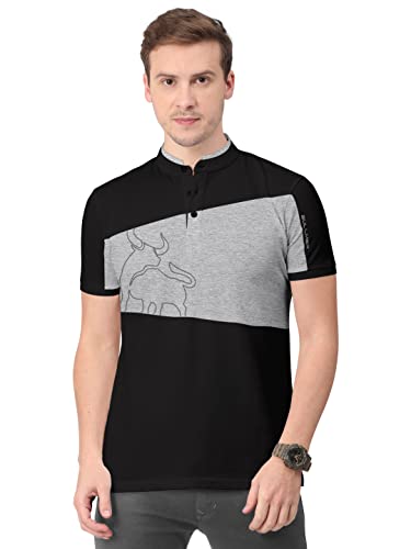 Image of BULLMER Mens Cotton Henley Neck /Chinese Collar Tshirt - Black /Grey X-Large