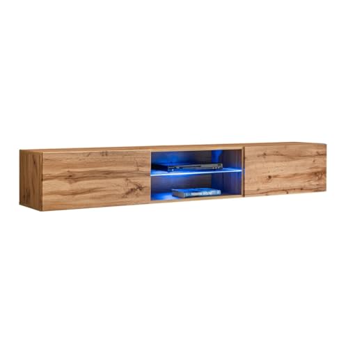 PRICE FACTORY just for you Meuble TV Suspendu 180cm avec 2 Portes et niches éclairées. Meuble Coloris chêne Wotan. Collection Switch.