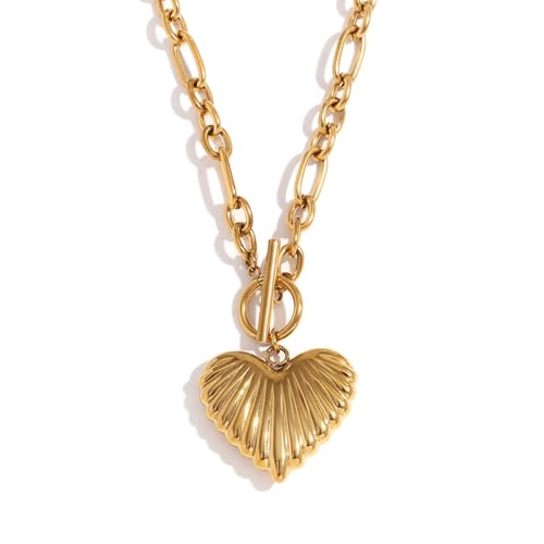 Chunky Gold Heart Necklace for Women,18K Gold Plated Puffy Heart Pendant with Paperclip Chain,Stainless Steel Statement Jewelry Waterproof Jewelry Gift for Chrismas