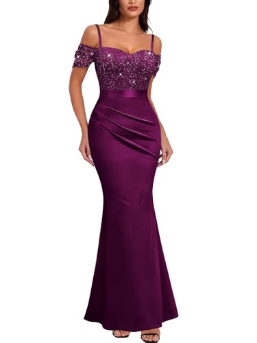 Image of Miusol Women's Elegant Sequin Lace Spaghetti Straps Formal Satin Maxi Dress