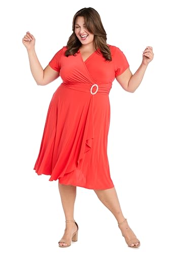 Image of R&M Richards Women's Cascade Wrap Dress with V-Neck & O-Ring Rhinestone Buckle, Work to Weekend Short Sleeve Flowy Silhouette
