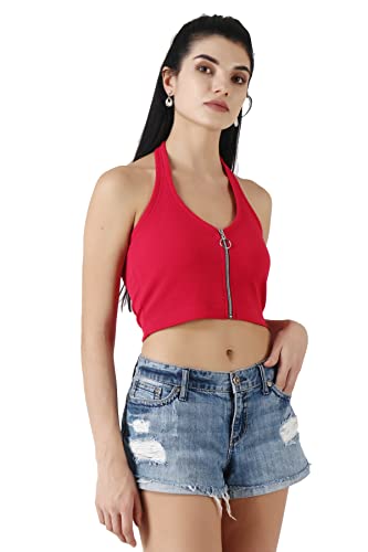 Image of POPWINGS Solid Casual Sleeveless Regular-Fit Crop Tops for Women with Front Chain| Crop Tops for Women Stylish Western Summer Wear