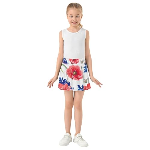 Red Poppies Blue Leaves Toddlers Tennis Skirts Running Girls Skorts Athletic Shorts Pleated 4t3