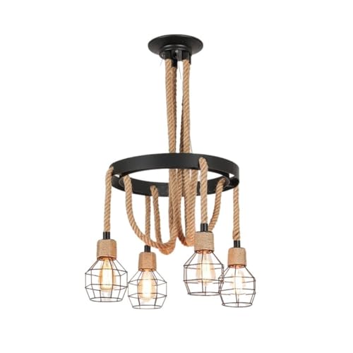 Lustre corde à cage d'oiseau industriel suspension vintage métal et chanvre luminaire îlot