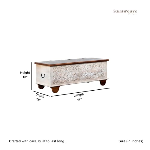 Image of Teba Wooden Trunk Box for Storage | Solid Wood Coffee Table for Living Room | Center Coffee Table with Storage | Front Wooden Carved Sandook Pitara for Home Decor & Bedroom (White Distress)