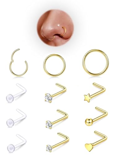 12PCS Hypoallergenic 14K Gold Plated 18G Nose Rings Studs Set for Women Men:3Pcs nose rings & 6Pcs L Shaped Nose Studs & 3Pcs Clear Nose Studs Gold/Silver 316L Surgical Stainless Steel Nose Piercing Jewelry