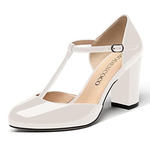 MODENCOCO Women's Patent Buckle Ankle Strap Solid Round Toe T Strap Block High Heel Pumps Shoes 3.5 Inch