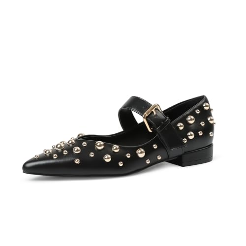 Rivets Ballet Flats Shoes for Women Pointed Toe Mary Jane Flats with Buckle Strap Rhinestone Ballerina Flats for Women Casual Dress Shoes