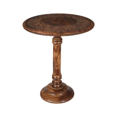 Lightnpro Hand Carved Solid Mango Wood Round Pillar Accent Table