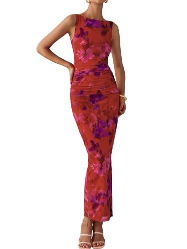 MASCOMODA Womens Bodycon Summer Dresses 2025 Sleeveless Floral Mesh Maxi Dress Side Slit Ruched Long Party Cocktail Dresses