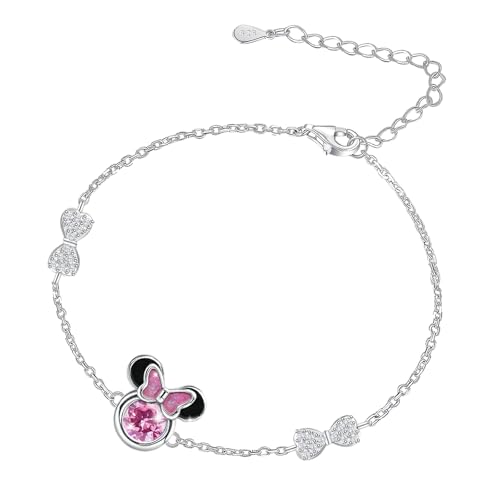 Mouse Bracelet for Teens Women - Sterling Silver Adjustable Bow Bracelet Pink Cubic Zirconia Cute Animal Chain Link Charm Bracelets Adorable Jewelry Gifts for Daughter Granddaughter