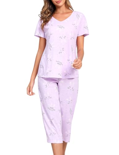 Image of PNAEONG Women Pajama Set Sleepwear Tops with Capri Pants Casual and Fun Prints Pajama Sets