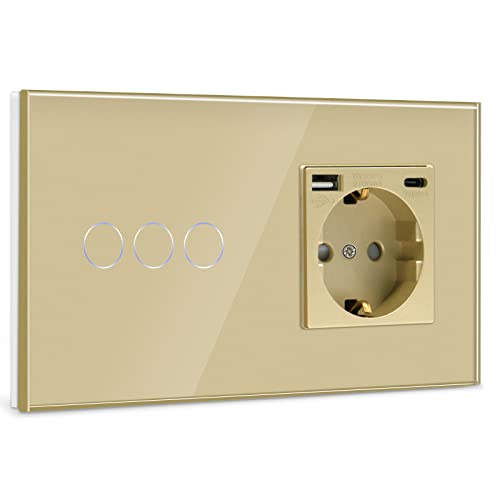 BSEED Touch Lichtschalter mit USB Steckdose Anschluss (Max. 2.1A) Typ C Port 3 Fach 1 Weg Wandschalter mit USB Steckdose Unterputz Lichtschalter mit Glasrahmen Golden (Nicht Smart Schalter)