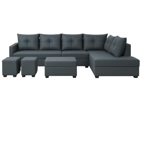 Image of SOCOZI Oriana 8 Seater RHS L Shape Sofa Set | Velvet Suede Fabric L Shape Sofa for Livingroom with 2 Ottoman & Centre Table (Dark Grey)