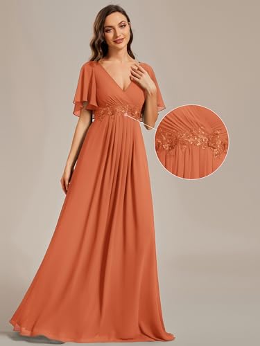 Image of Ever-Pretty Women's Chiffon V-Neck Mother of Bride Dresses A-Line Ruched Short Sleeves Appliques Bridesmaid Dress Formal Gown
