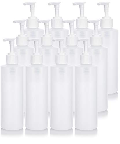 Clear Natural Large Refillable Plastic Squeeze Bottle with White Lotion Pump Dispenser 8 oz - (12 Pack)