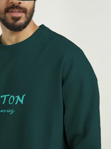 Image of Nobero Men's Graphic Printed Oversized Sweatshirt | Cotton Rich Fleece Round Neck Pullover | Relaxed Fit Casual Winter Wear for Men