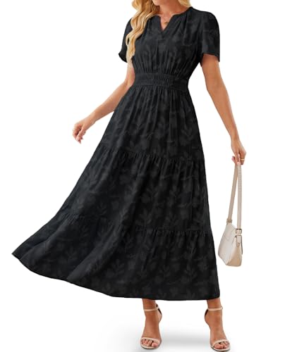 Image of Women's Maxi Dresses Boho Burnout V Neck Short Puff Sleeve Smocked Empire Waist Long Wedding Guest Semi Formal Dress Pockets