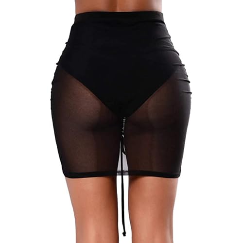 Women's Mesh Mini Skirt Sheer Cover Up Drawstring Ruched Bodycon Pencil Skirt3