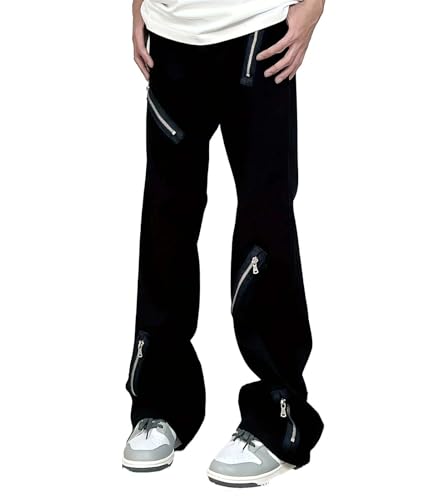 Men's Y2K Flared Jeans Baggy Wide-Leg Retro Distressed Casual Fashion Multi-Zipper Goth Pants Hip-hop Streetwear