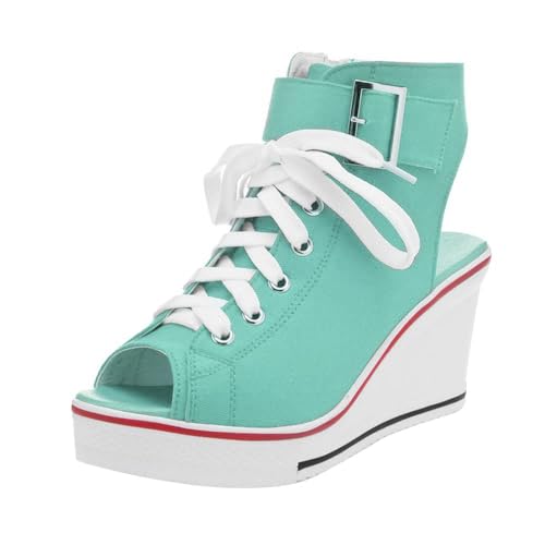 Image of OCHENTA Women's Peep Toe Wedge Sneakers Canvas Platform Shoes Side Zipper Lace up Buckle Fashion Sneakers Walking Shoes