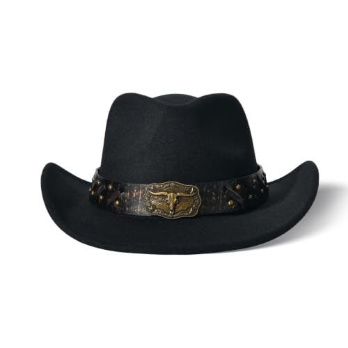 Image of Classic Western Cowboy Hat Cowgirl Hat Unisex Men's & Women's Wide Brim Felt Fedora Hat Flat Top with Buckle Belt