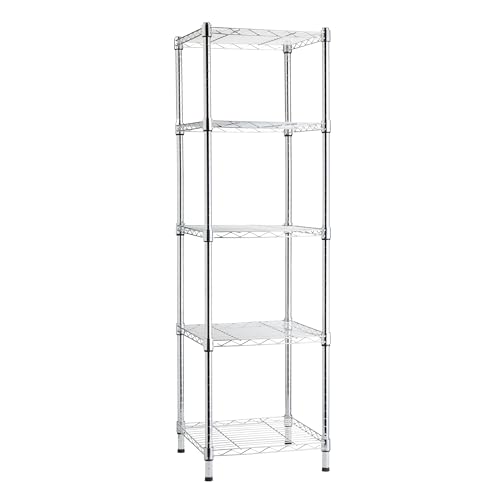 Amazon Basics 5-Shelf Tower, Adjustable Storage Shelving Unit, Chrome, 40.6 x 40.6 x 137.2 cm (D x W x H)