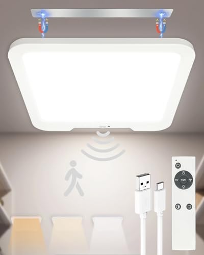 Rechargeable LED Ceiling Light, Motion Sensor 7500mAh Battery Operated Shed Light with Remote, Magnetic Mount, Dimmable Wireless Ceiling Lamp, 3 Color Temperatures for Bathroom, Garage, Loft, Hallway