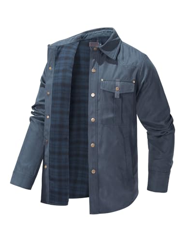Image of Haellun Men's Flannel Lined Shacket Long Sleeve Plaid Western Cowboy Snap Button Down Shirts Jackets with Pockets