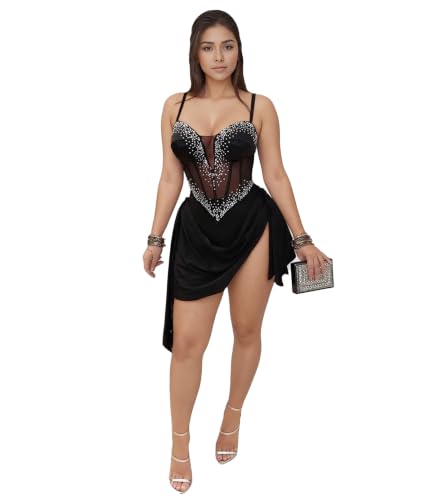 Image of PORRCEY Women's Sexy Elegant Rhinestone Mesh Party Club Night Mini Dress