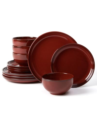 Image of Pokini Stoneware Dinnerware Sets for 4, 12pcs Plates and Bowls Sets Dishes | Reactive Glaze Ceramic Dish Set, Microwave & Dishwasher Safe, Highly Chip and Crack Resistant Dishware sets, Terracotta Red