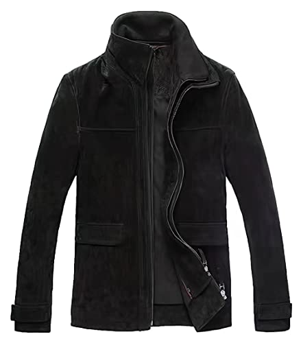 FLAVOR Men's Classic Leather Jacket Suede Winter Coat with Removable Collar (X-Large, Black)