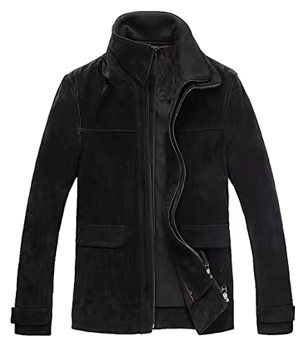 FLAVOR Herren Lederjacke Wildleder Jacke Baumwolle Gefüttert Mit Abnehmbares Kragen Freizeitjacke (M, Schwarz)