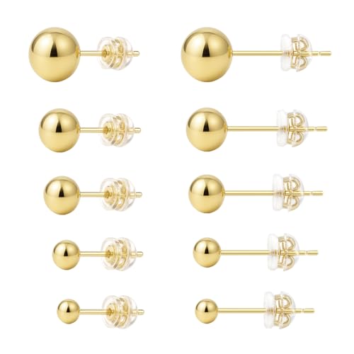 Gold Stud Earrings for Women: Hypoallergenic Small Gold Plated Sterling Silver Round Ball Stud...