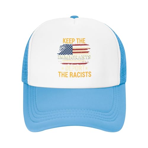 Vetrova Keep The Immigrants Deport The Racists Trucker Hat Anti Elon Musk Baseball Cap Mesh Back Adjustable Hats for Kids - Sky Blue