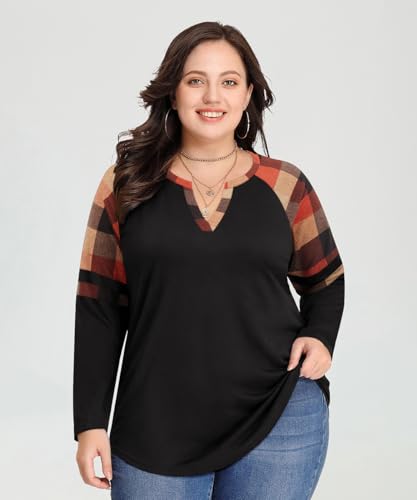 Image of CARCOS Plus Size Tops for Women Long Sleeve Fall Tunic Color Block Camo /Plaid /Leopard /Fall Blouse Crewneck Tshirt XL-5XL