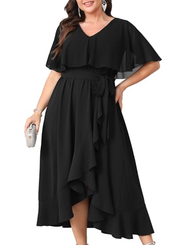 Image of Women Plus Size Long Formal Dress Short Sleeve Chiffon Ruffle V Neck High Low Split Wedding Guest Maxi Dresses
