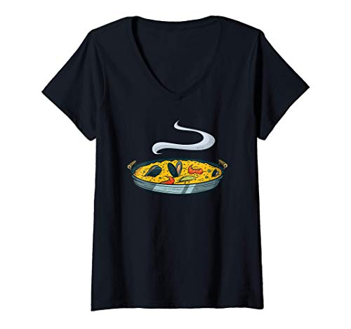 Mujer Paella de arroz español de la sartén Camiseta Cuello V