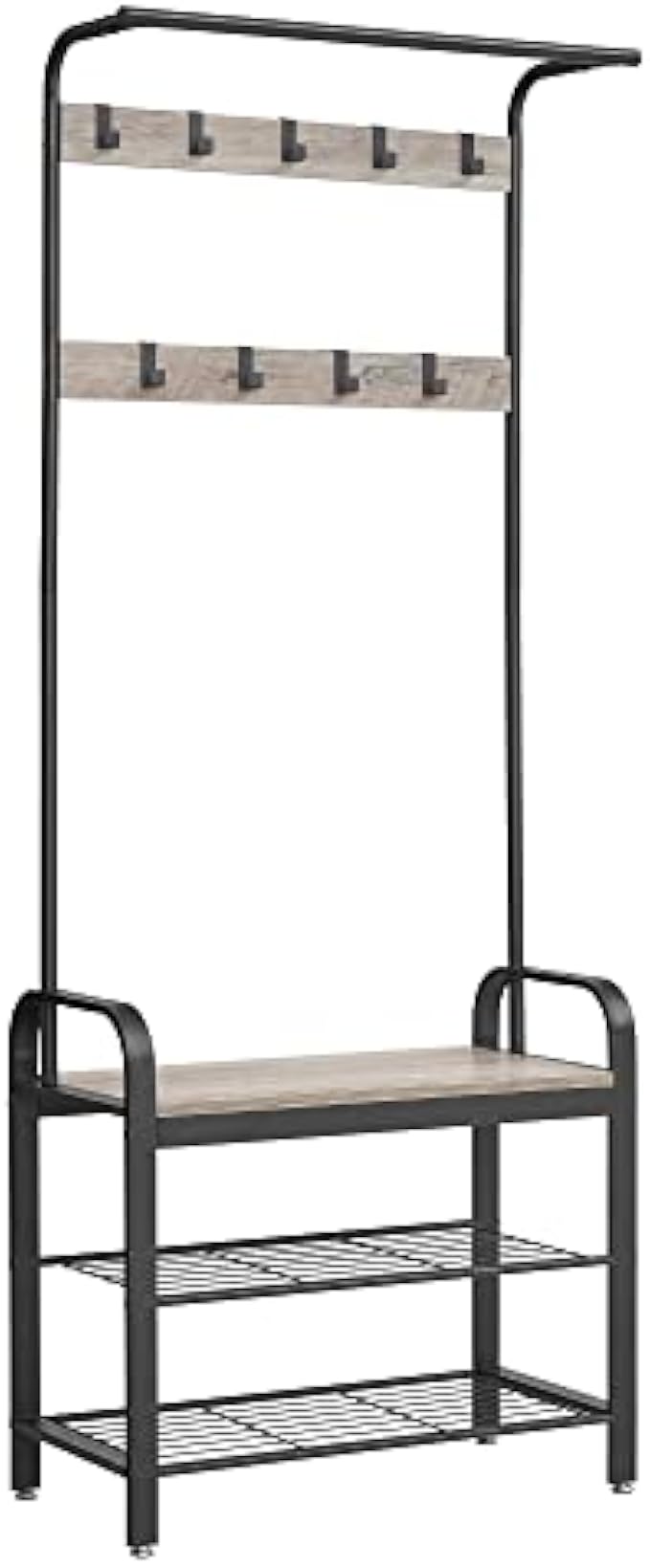 VASAGLE Coat Rack, Hall Tree with Shoe Bench for Entryway, Entryway Bench with Coat Rack, 4-in-1, with 9 Removable Hooks, a Hanging Rod, 13.3 x 28.3 x 72.1 Inches, Greige and Black UHSR40MB