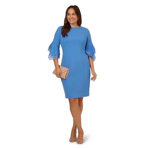 Image of Adrianna Papell Stretch Knit Crepe Sheath Dress with Tiered Organza Bell Sleeve