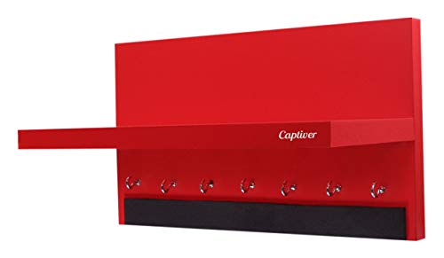 Image of Captiver Engineerd Wood Wall Hanging Key Holders with Storage Shelf Racks Stands (7 Hooks, Matte Red) II Home Decor Stylish Keyholders Multipurpose Hanger Keychain Keystand