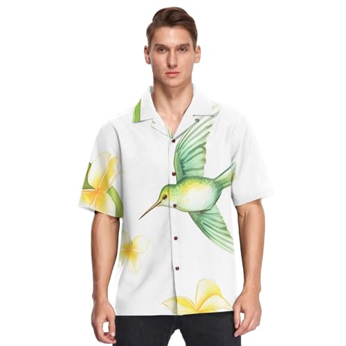 Sevdomey Camisa hawaiana de manga corta con botones para hombre, diseño de colibríes de acuarela, camisa informal perfecta para la playa y el verano, Colibríes acuarela, S