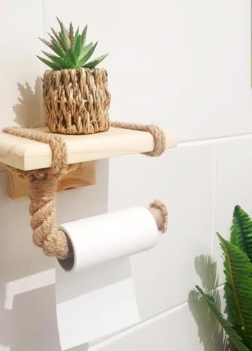 Dérouleur Porte Papier Toilette avec étagère - Tablette en Bois et Corde pour téléphone ou déco -