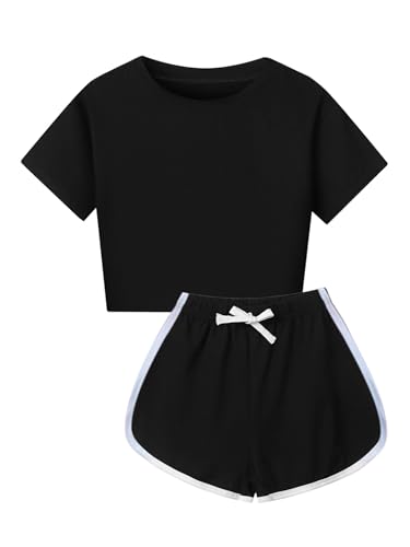 Kids Girls Sports Outfits Cotton Short Sleeve T-shirt Shorts Set For Summer Casual Workout Dance Black 9-10 Years